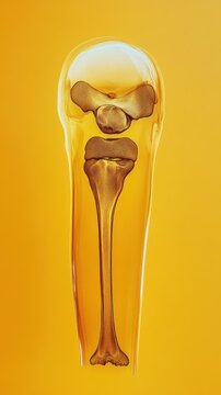 A 3D rendering of a human knee joint, isolated on a yellow background. The bones are visible and the joint is flexed.