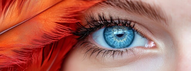  A tight shot of a blue eye with a red feather touching its iris