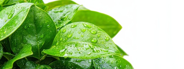  A tight shot of a verdant plant, adorned with water beads on its foliage against a pristine white background