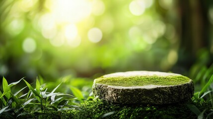 Wall Mural - Green Mossy Stone In Forest.