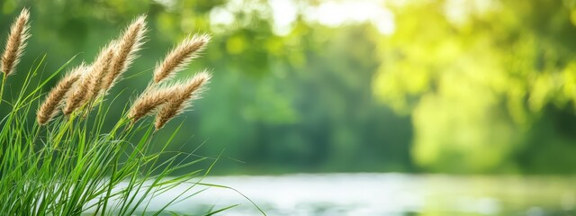 Poster -  A tight shot of grass by a waterbody, background blurred with trees and reflective waters