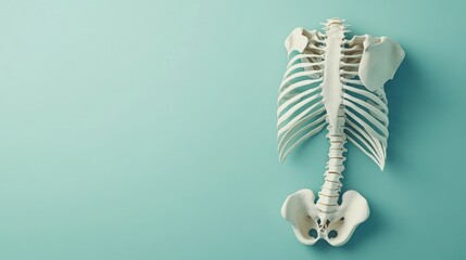 Canvas Print - A white plastic model of a human ribcage and spine sits on a light blue background.