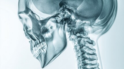 Sticker - Side profile of a human skull and neck bones in a medical x-ray image.