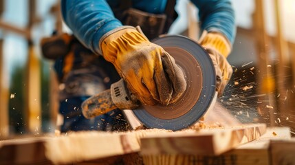 Poster - Close-up of a construction worker's hands wearing gloves and using a circular saw, with a stack of wooden planks and construction site tools visible