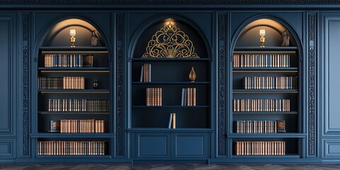 luxury indigo empty wooden bookshelf with gold arabic door ornament 