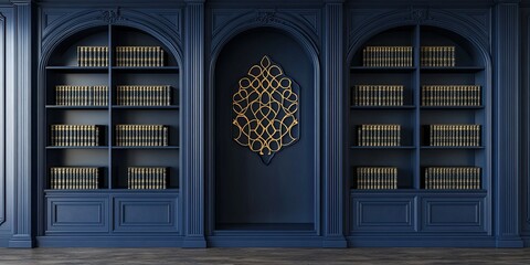 luxury indigo empty wooden bookshelf with gold arabic door ornament 