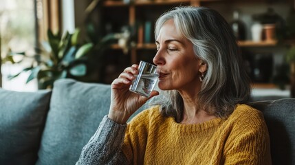 serene mature woman sips water on cozy sofa emphasizing hydration and wellness