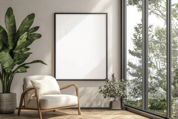 Poster Frame in Beige minimalist living room interior created with generative AI