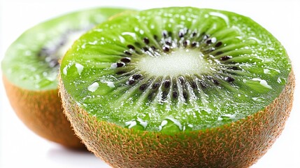 Juicy Kiwi Delight: Two kiwi fruits sliced open, revealing their vibrant green flesh and tiny black seeds, with glistening droplets adding a refreshing touch.