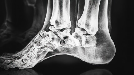 Sticker - A close-up x-ray image of a human foot and ankle, showing the bones and joints in detail.