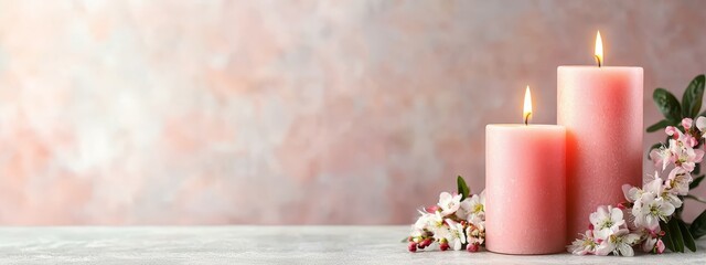 Sticker -  A few pink candles atop a table, adjacent to a bouquet of flowers also resting there