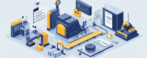 Fototapete - Concept of workflow optimization through automation, highlighting industrial processes with checkboxes and efficiencyenhancing visuals