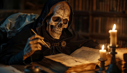 Wall Mural - A skeleton is sitting at a desk with a book and a pen