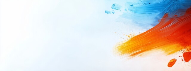 Poster -  A blue background on the left, orange on the right, and a white area in the middle with a paint splash on each side