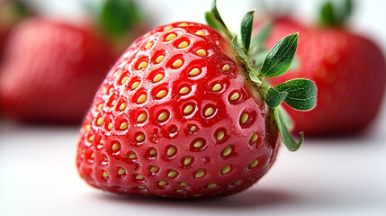 A close-up image of a ripe, fresh strawberry showcasing its vibrant red color and unique seed pattern on a soft background.