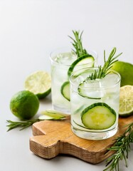 Wall Mural - Homemade lime lemonade with cucumber, rosemary and ice, white background. Cold beverage for hot summer day. Copyspace.
