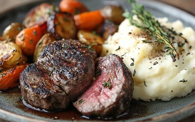 Wall Mural - Cookedtoperfection meat with a side of silky mashed potatoes and perfectly roasted vegetables, creating a visually appealing dish