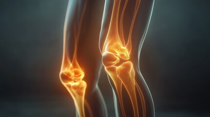 Canvas Print - 3D illustration of a human knee joint with glowing bones.