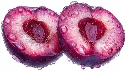 juicy plum halves with dew drops: a vibrant and refreshing image featuring two halves of a ripe plum