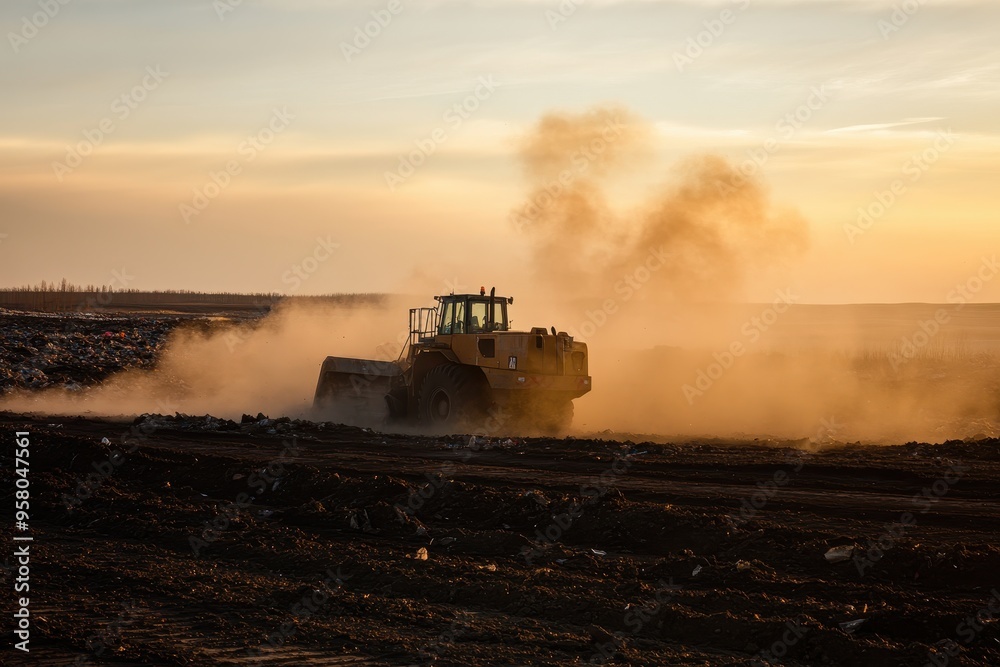 heavy machinery compacting waste at a landfill, highlighting the ...