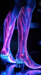 Poster - A pair of legs with glowing pink veins are shown against a black background, wearing high heels with a clear platform.