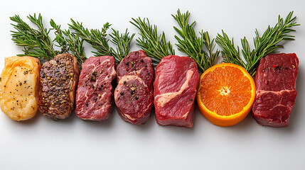 An enticing display of various meats garnished with fresh herbs and a slice of orange, perfect for culinary inspiration.