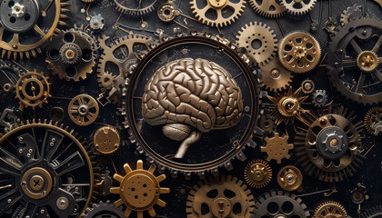 A brain is surrounded by gears and cogs, creating a sense of complexity