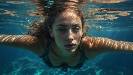 Wall Mural - Young Caucasian woman with long blonde hair floating underwater in pool, with pensive expression on her face