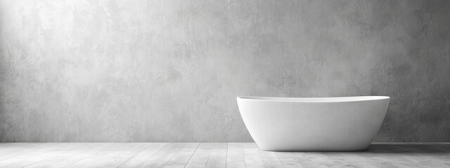 Sticker -  A pristine white bathtub atop a weathered wooden floor Behind it, a plain concrete wall