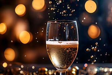 A close-up of a champagne glass with golden bubbles rising