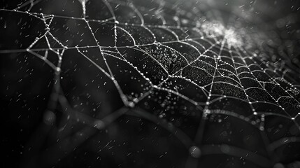 A Dew-Covered Spider Web with Rain Droplets Falling