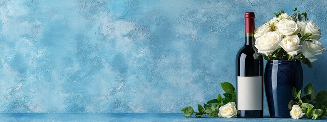 Wall Mural -  A bottle of wine and a vase with white roses - two pleasing elements placed beside each other