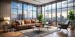 © DigitalArt Max - A stylish living room with plush sofa, velvety armchair, and glass-topped coffee table provides a cozy haven for