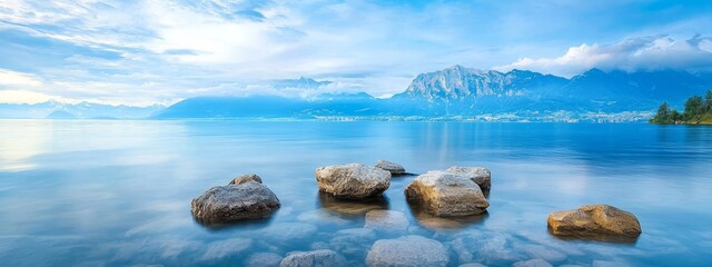 Wall Mural -  A cluster of rocks in a waterbody, framed by mountain ranges behind