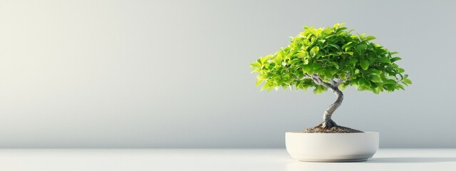 Wall Mural -  A tiny bonsai tree in a white ceramic pot sits on a pristine white table Behind is a gray wall