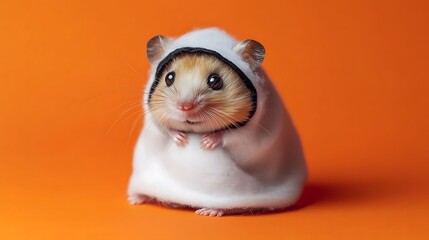 Wall Mural - A small hamster wearing a ghost costume, sitting on a bright orange background, clear sharp focus and highly detailed fur, Halloween themed stock photo