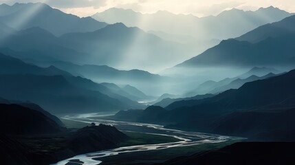 The first rays of sunlight illuminating the Qinghai Qilian Mountains, with misty rivers winding through the landscape, creating a comfortable and tranquil atmosphere