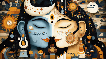 Wall Mural - illustration depicting an abstract fusion of male and female faces adorned with celestial and surrea