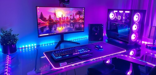 High-tech gaming setup with indigo RGB lights, glass desk, illuminated decor, bright keyboard and mouse