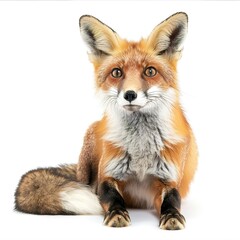 Poster - A red fox with eyes wide open sits peacefully on the ground isolated on white background 