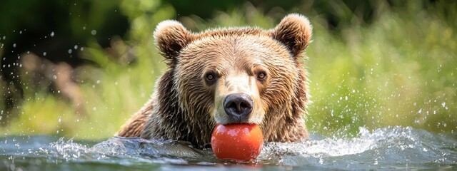 Wall Mural -  A tight shot of a bear in the water, holding a ball in its jaws, with water beads dotting its face