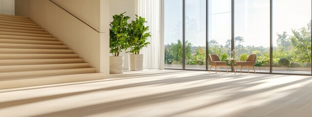 Sticker -  A room featuring a set of stairs, a table, and a potted plant situated in its center