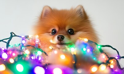 Wall Mural - A small dog is sitting in a pile of Christmas lights