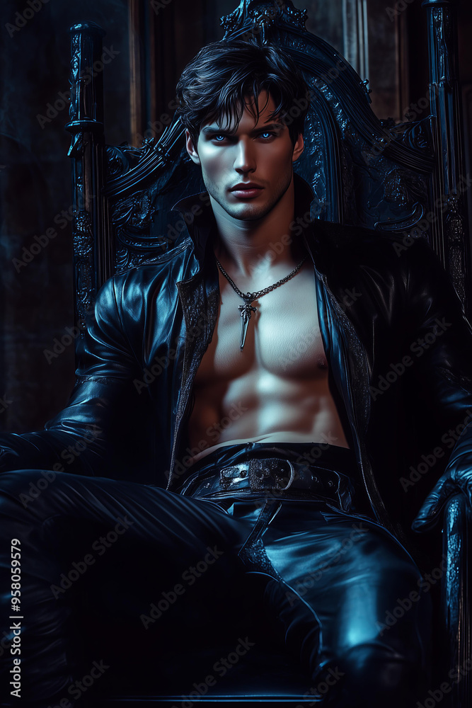 handsome man with dark hair, blue eyes, and a muscular body wearing(01)