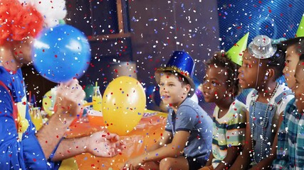 Poster - Confetti animation over children watching clown at birthday party