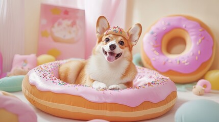 Wall Mural - A dog is laying in a pink donut shaped bed