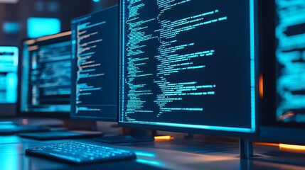 Hologram coder, code improvement, futuristic workspace, neon blue highlights