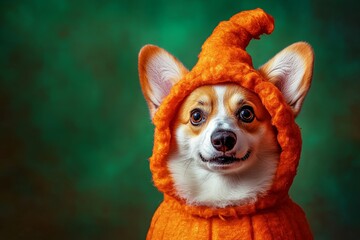 Wall Mural - A dog is wearing an orange costume and is smiling