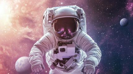 Poster - An astronaut floating in outer space with a planet behind him, AI