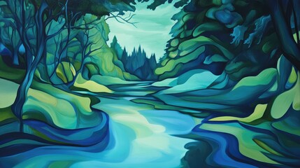 Abstract forms in cool greens and blues, mimicking the gentle flow of a river through a forested landscape